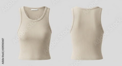 beige ribbed crop tank top mockup showing front and back views on a grey background.