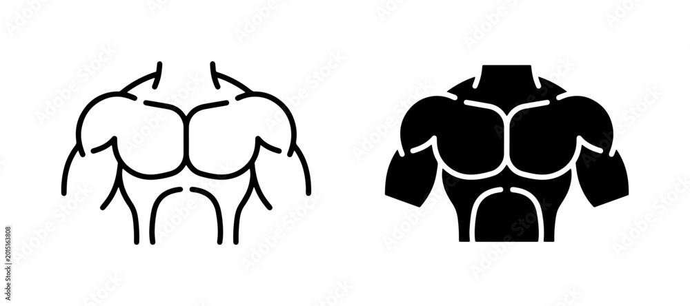 Fototapeta premium Muscular Torso Icons, Bodybuilder Chest Silhouette, Fitness Man Outline Vector