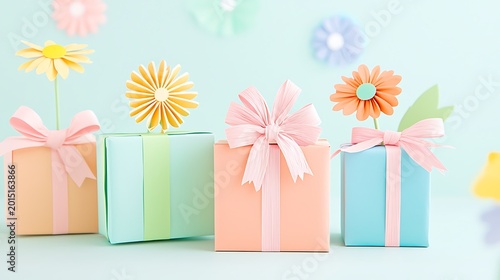 Pastel gift boxes decorated with handmade paper flowers and ribbon bows in a studio setting