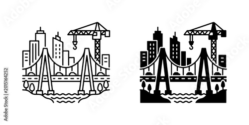 Konstfotografi Modern Cityscape Bridge Construction Icons, Urban Development Vector Set, Infras