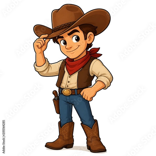 Cartoon cowboy tipping his hat and smiling ready for adventure wild west