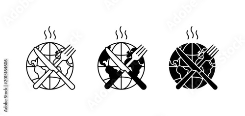 Global Food Icons, Earth Planet Culinary Symbols, International Cuisine Vector Set