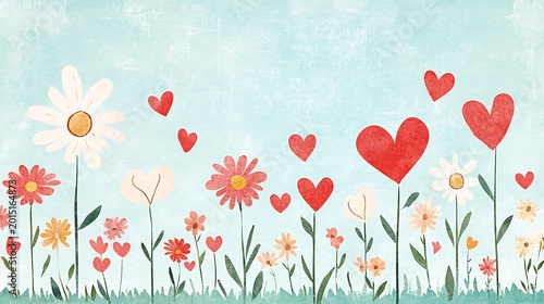 Whimsical illustration of blooming colorful flowers and red hearts on a soft light blue textured field