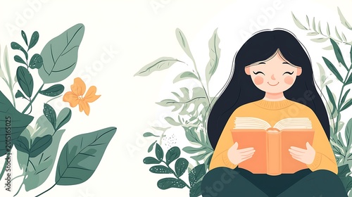 Young woman sitting comfortably and reading an open book surrounded by lush tropical green leaves