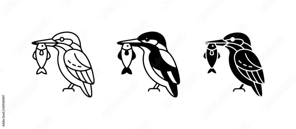 Obraz premium Kingfisher Bird with Fish Icon Set, Minimalist Wildlife Vector Art, Nature Hunter Symbols