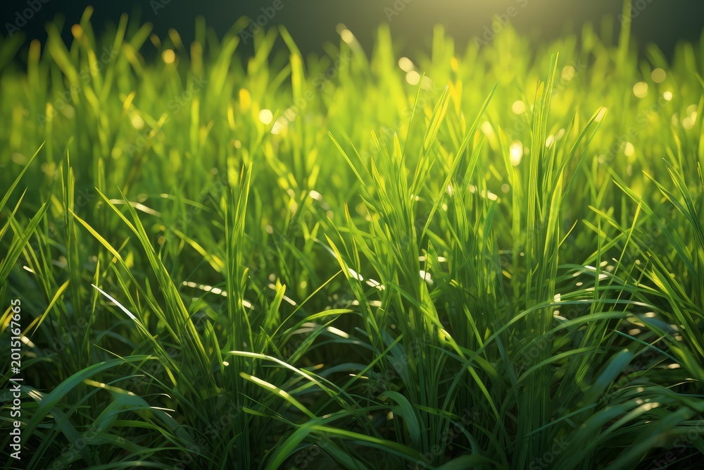 Obraz premium Green grass blades glowing with warm sunlight creating a soft bokeh background