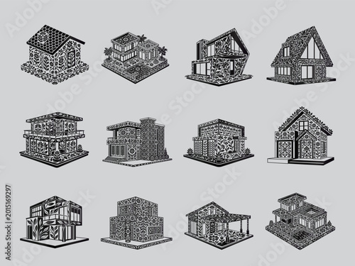 Isometric Floral Houses Vector Set: Botanical Patterned Home Illustrations Collection