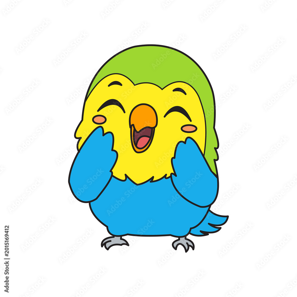 Fototapeta premium Cute lovebird illustration icon element featuring blue, yellow, and green colors with various playful and cheerful expressions.