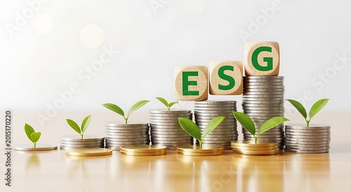 Coins stacked with ESG letters and green seedlings growing
