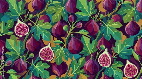 Fig and leaf botanical fig fruit and leaf botanical repeat pattern vivid rich tones