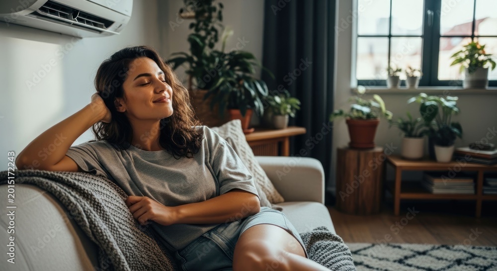 Fototapeta premium Young Woman Relaxing on Sofa Enjoying Cool Air from Air Conditioner.