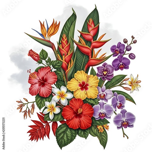 Beautiful Tropical Flower Bouquet Illustration with Hibiscus and Orchids.