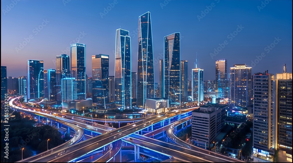 Obraz premium Urban Skyline at Dusk: Modern Skyscrapers and Illuminated Highways