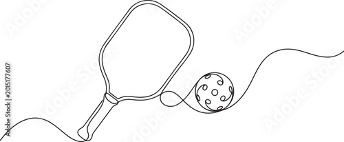 Pickleball racket and ball, minimalist line art, sports equipment, vector illustration