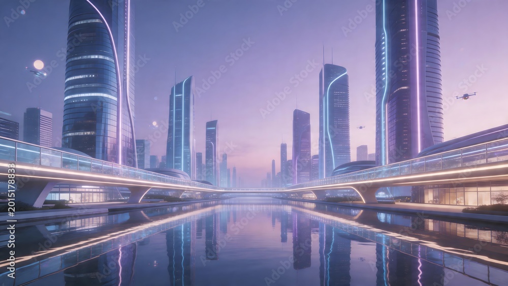 Fototapeta premium Futuristic cityscape with glowing skyscrapers
