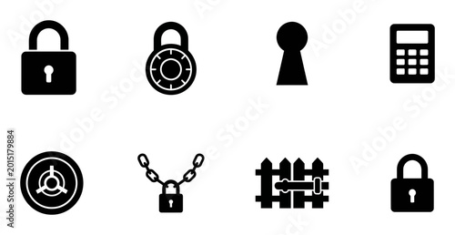 8 Security silhouette icons padlock keyhole safe chain fence, solid black style, privacy protection set