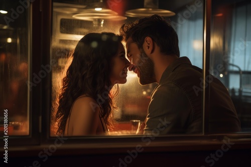 Young couple sharing an intimate moment during a romantic evening dinner at a restaurant