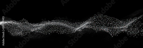 undulating field of glowing white dots and connecting lines forming a mesh wave on a black background, evoking a serene futuristic mood