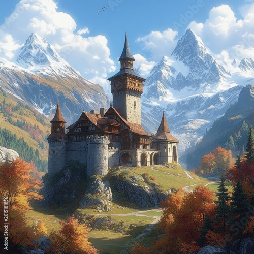 Majestic stone castle on a rocky hill in a sunlit alpine valley with snow-capped peaks, autumn trees, winding path, flock of birds and a serene blue sky