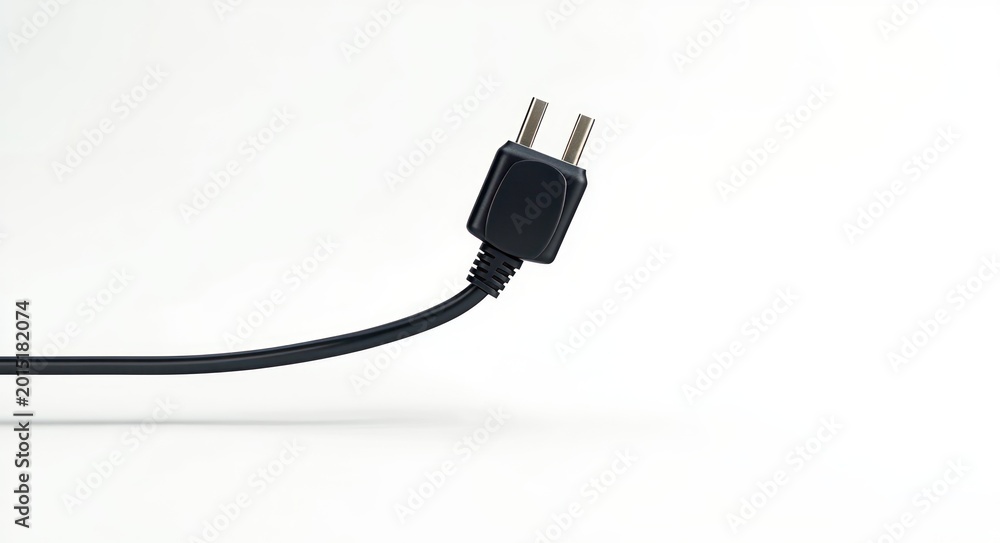 Obraz premium black two-prong electrical plug and cable suspended over a clean white background with soft shadow, conveying minimal simplicity and quiet solitude