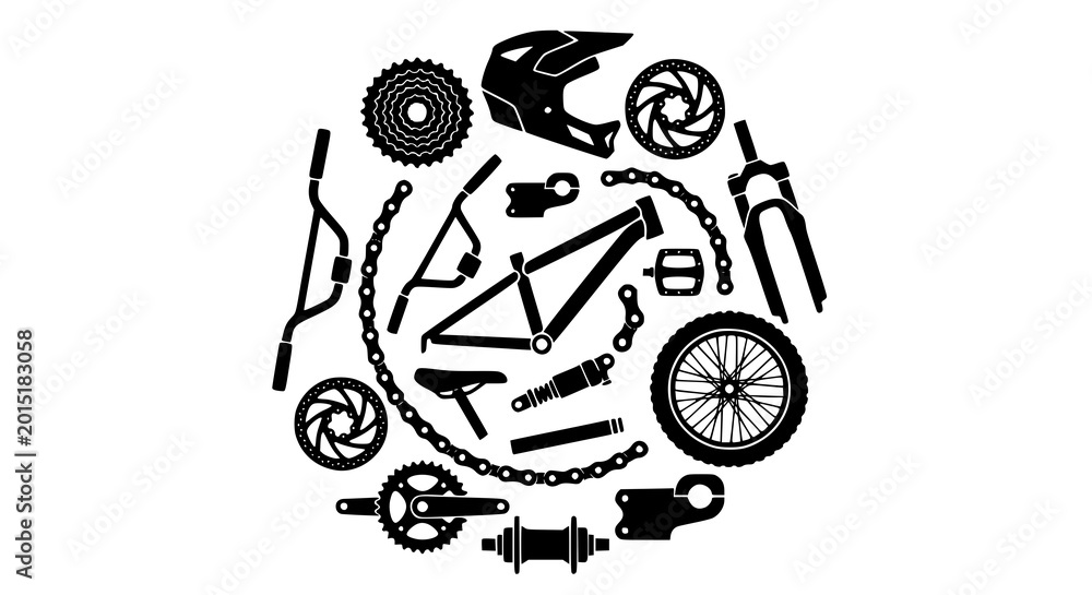 Fototapeta premium Creative dirt jump bicycle parts vector icon set with mountain bike component symbols