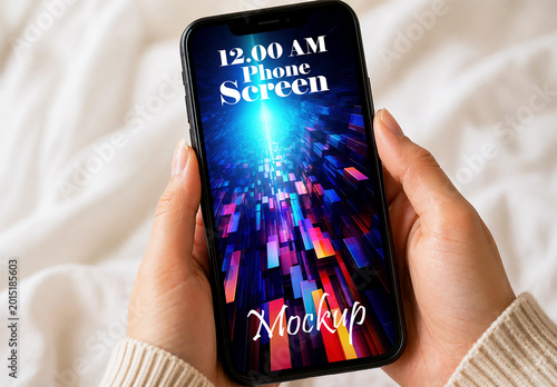Smartphone screen mockup held in hands with colorful digital background