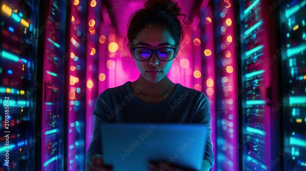 Obraz premium person with blurred face holding a tablet between neon lit server racks with glowing blue and magenta lights and bokeh, creating a focused, mysterious mood
