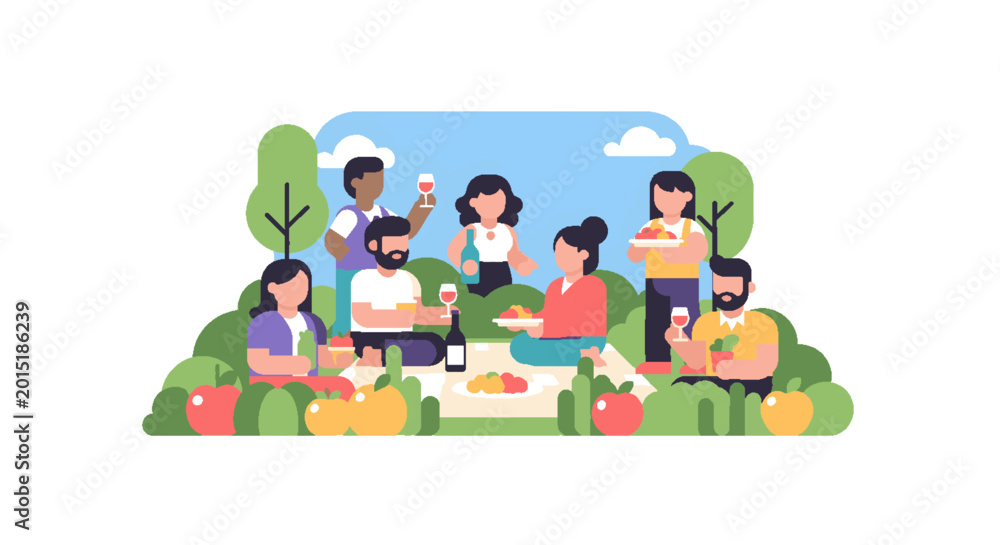 Obraz premium Diverse group of friends enjoying a summer picnic in a park, sharing food and drinks, celebrating togetherness and outdoor leisure.