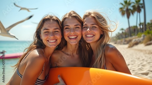Three Friends Laughing Together on a Sunny Beach Holding a Surfboard Under Clear Blue Sky