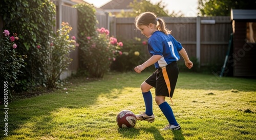 Young girl in a blue athletic uniform practices dribbling a soccer ball on a residential backyard lawn during the warm glow of the late afternoon sun, embodying youth sports and active play.
