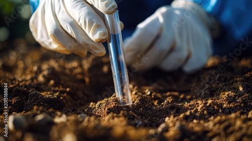 Gloved hands carefully inserting a clear test tube into dark soil for meticulous field soil sampling and testing