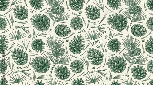 Pine cone and needle repeat pine cone and needle scatter repeat vivid dark green on pale