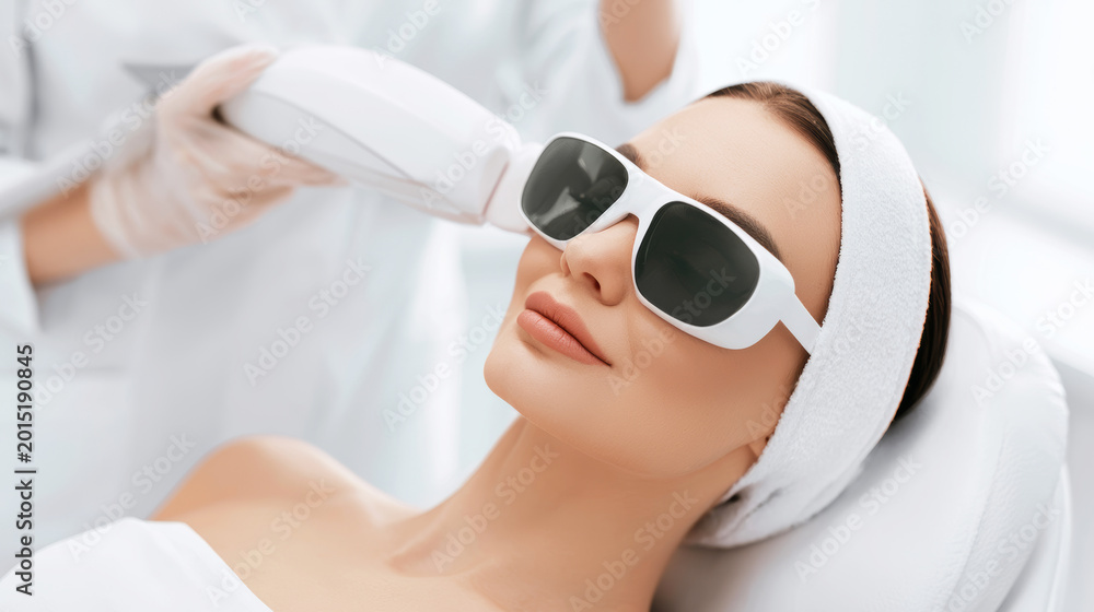 Naklejka premium Woman getting a laser treatment on her face from a medical professional. Patient wears eye protection during skin care routine