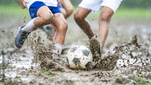 Children playing soccer on muddy field, legs kicking ball, dynamic action splashing mud, youth enjoying sport