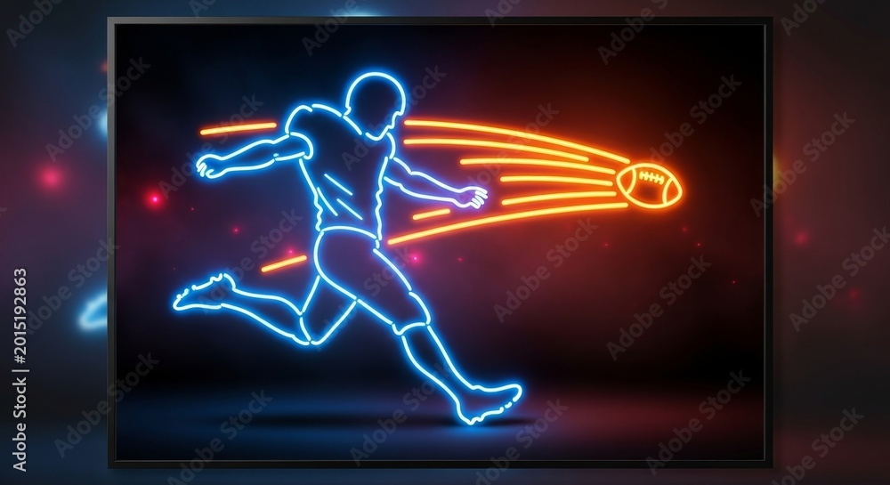Naklejka premium American football player neon light graphic shows a dynamic athlete throwing a ball across a dark digital frame to signify intense competition and modern sports entertainment media.