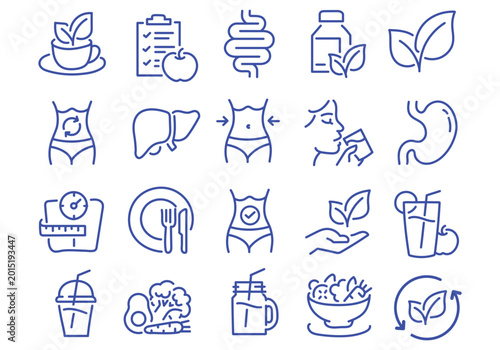 Schilderij op canvas Digestion, intestine, stomach, and probiotics editable stroke outline icons set isolated on white background flat vector illustration