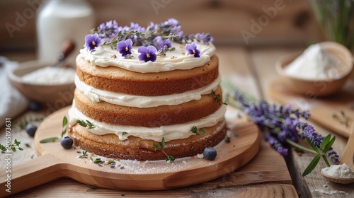 Lavender naked cake with cream frosting and fresh violets on a rustic wooden board in a sharp focus shot for bakery branding and food marketing