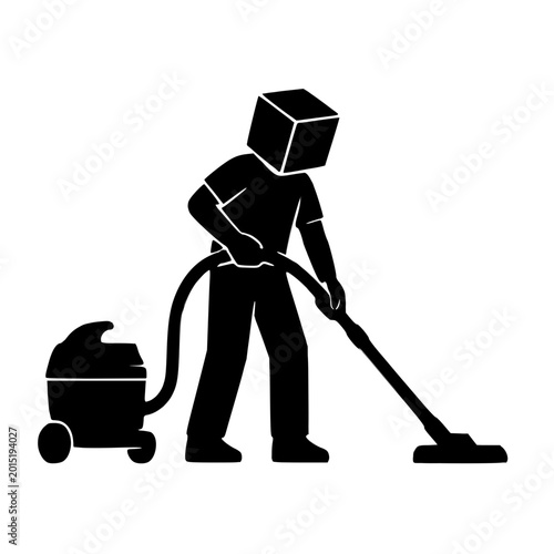 Black Silhouette Illustration of a Cleaning Service Worker with a Cube Head and Vacuum Cleaner