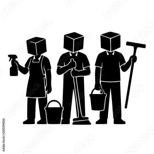 Black Silhouette of Professional Cleaning Service Team with Box Heads