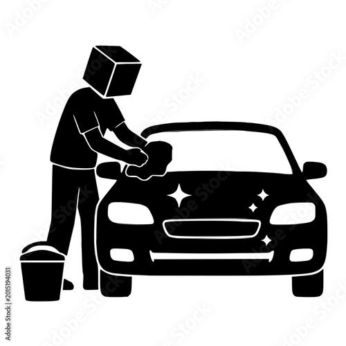 Black Silhouette Illustration of a Cube-Headed Worker Providing Professional Car Washing Service