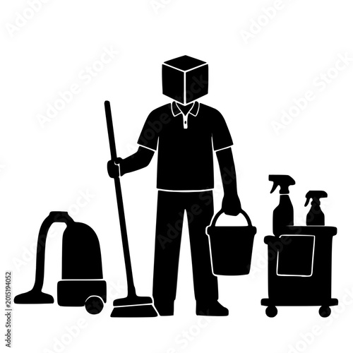Black Silhouette Illustration of a Professional Cleaning Service Worker with Equipment