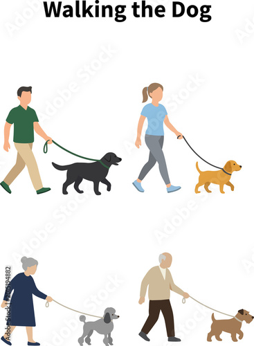 Flat vector people walking dogs set isolated on transparent background, men women and seniors with various dog breeds on leashes for pet care and lifestyle design