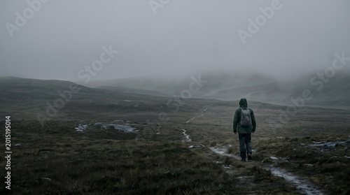 A lone hiker walking on a muddy trail through a misty, desolate landscape