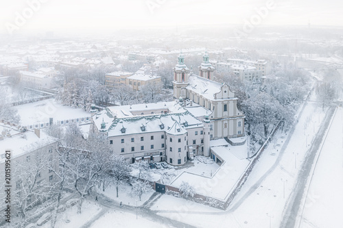 Skalka Church in Krakow, Poland during snowy winter	