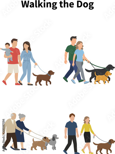 Flat vector family and couples walking dogs set isolated on transparent background, diverse people with various dog breeds on leashes for pet care and family lifestyle design