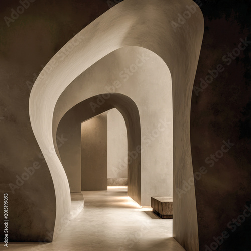 Minimal Arched Plaster Corridor for Boutique Hotel and Spa Interior Marketing