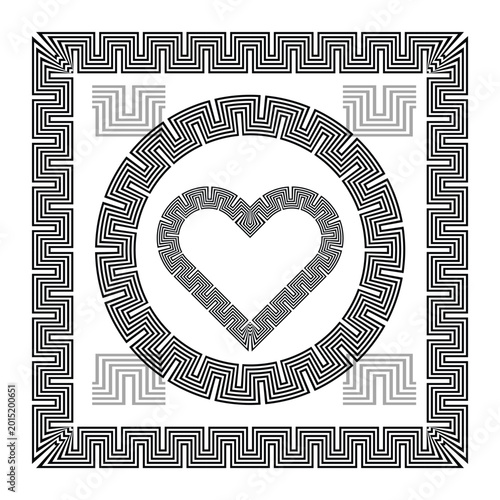 Fotografie Black and white vector illustration of a greek meander frame enclosing a heart shape icon