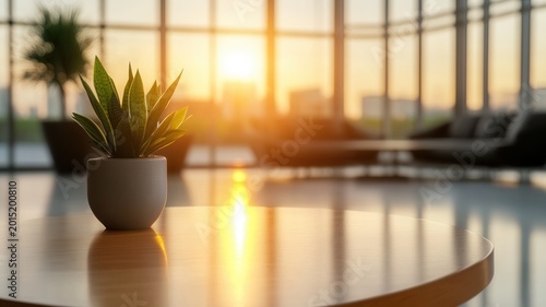 Potted snake plant on wooden table in a sunlit modern office lobby, creating a welcoming and calm atmosphere