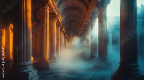 Ancient roman or greek style colonnade with columns and archways, fog creating a mysterious ethereal atmosphere