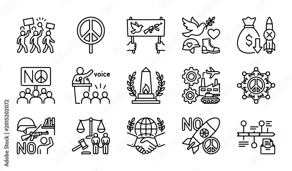 Sticker Plakat Peace Icons Set, Anti-War Symbols Collection, Social Justice Vector Graphics, Pr
